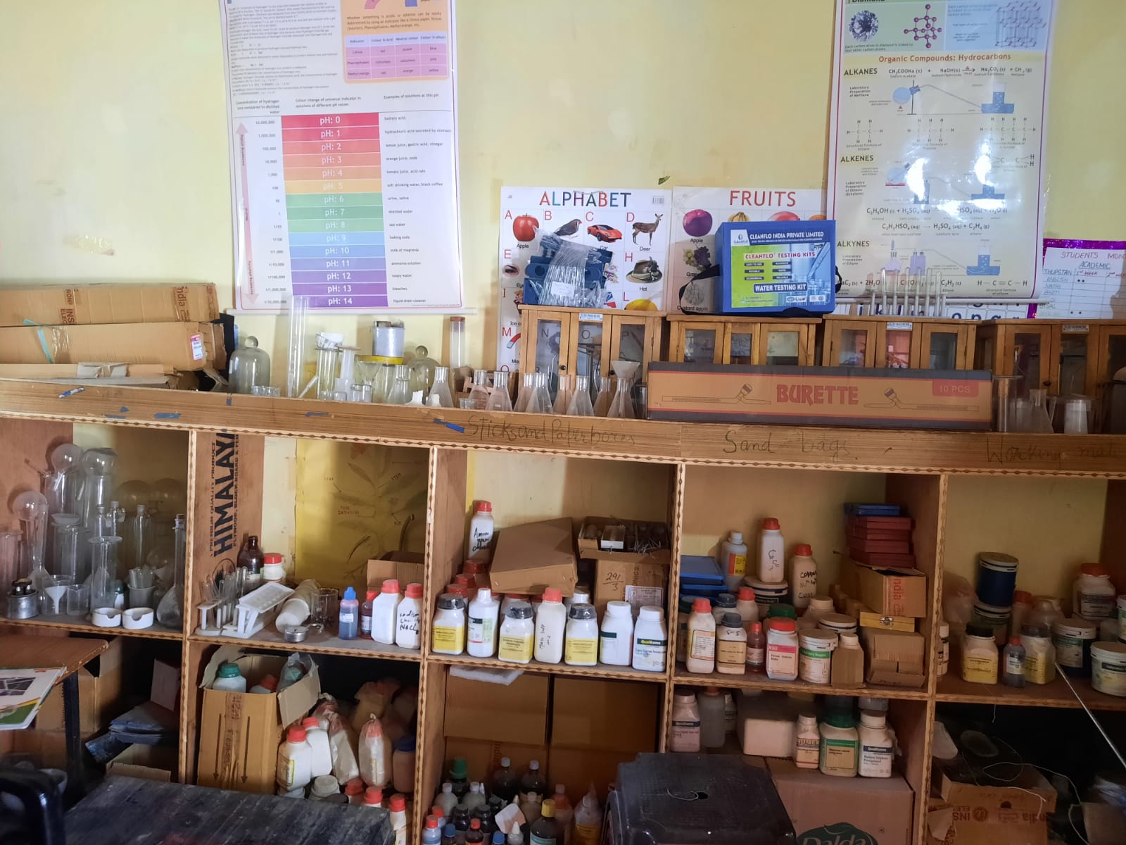 Chemistry laboratory shelves stocked with glassware, reagent bottles and chemistry charts